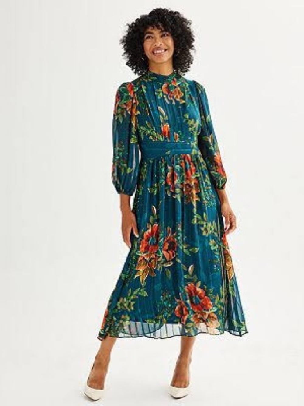 Maison Tara Pleated Floral Midi Dress Size 12 Long Sleeve Teal Romantic Fall
